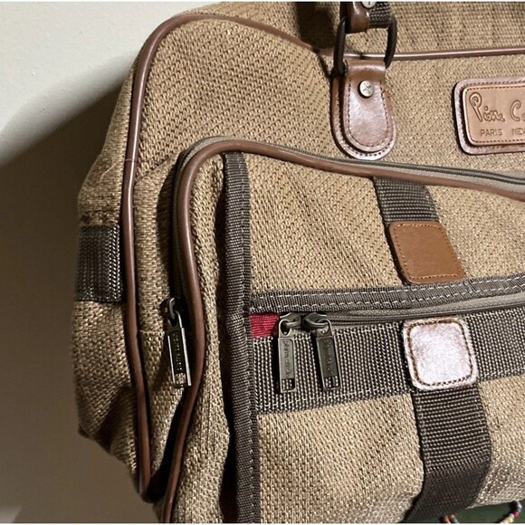 Iconic Pierre Cardin Travel Gym Bag 4 zip Suitcase Brown Tweed Luggage Tag - Picture 3 of 10